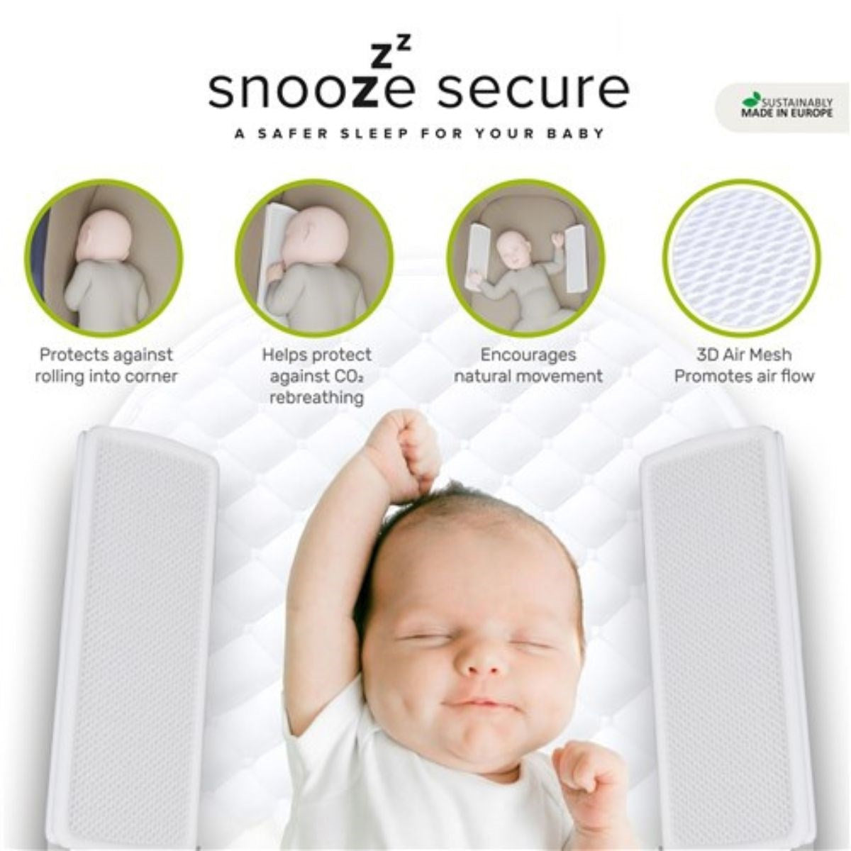 Snooze Secure – 3D Air Mesh Baby Sleep Positioner to Help Prevent SIDS & Reduce CO₂ Rebreathing