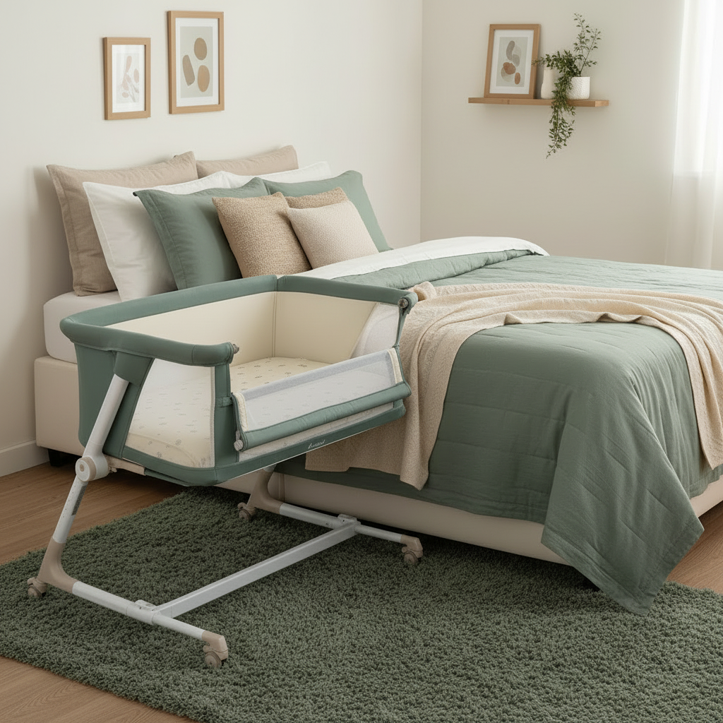 Jane Baby Side Crib + 4 Piece Bedding Set & Safety Mattress, Botanic