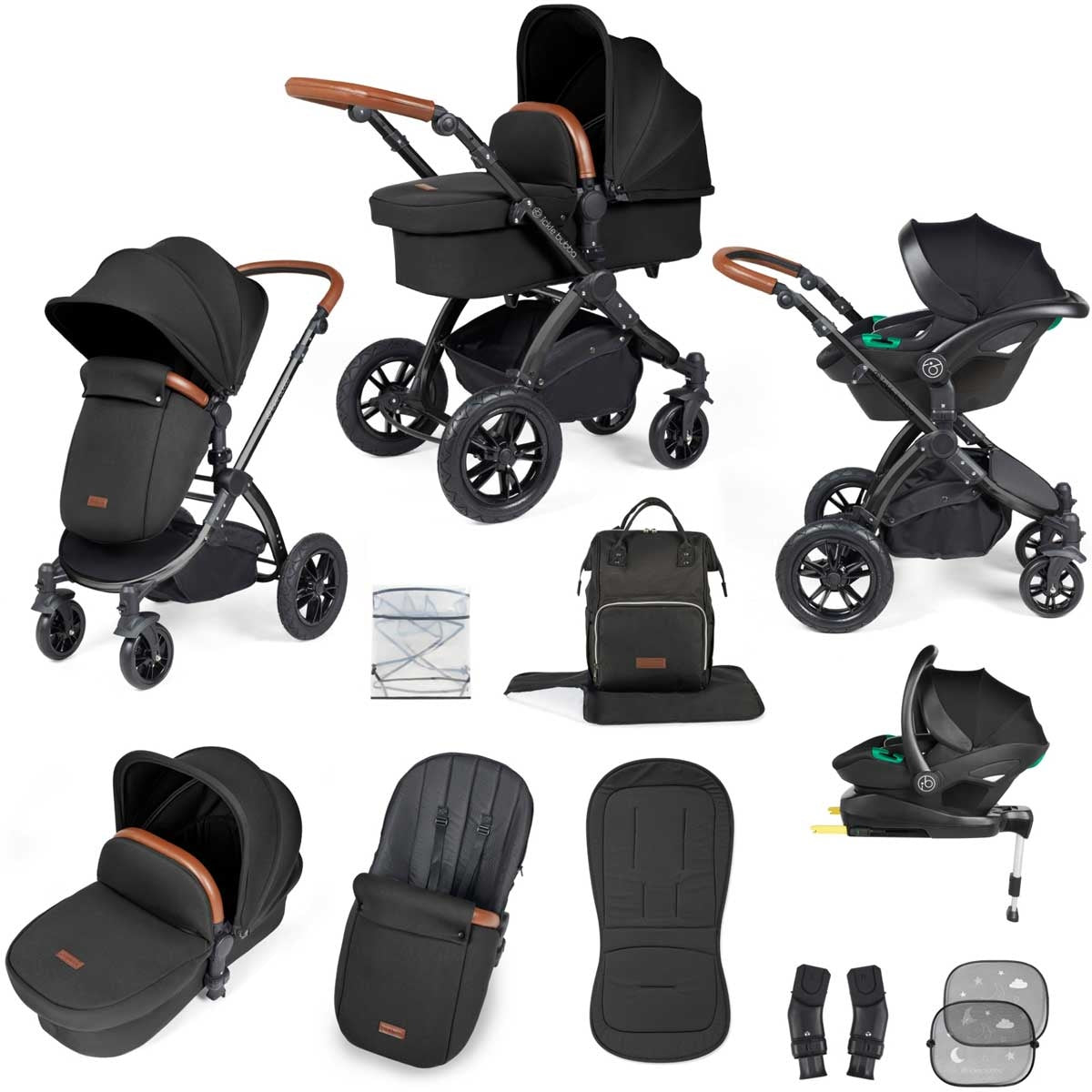 Ickle Bubba Stomp Luxe All-in-One Premium i-Size Travel System with ISOFIX Base, Black / Midnight / Tan