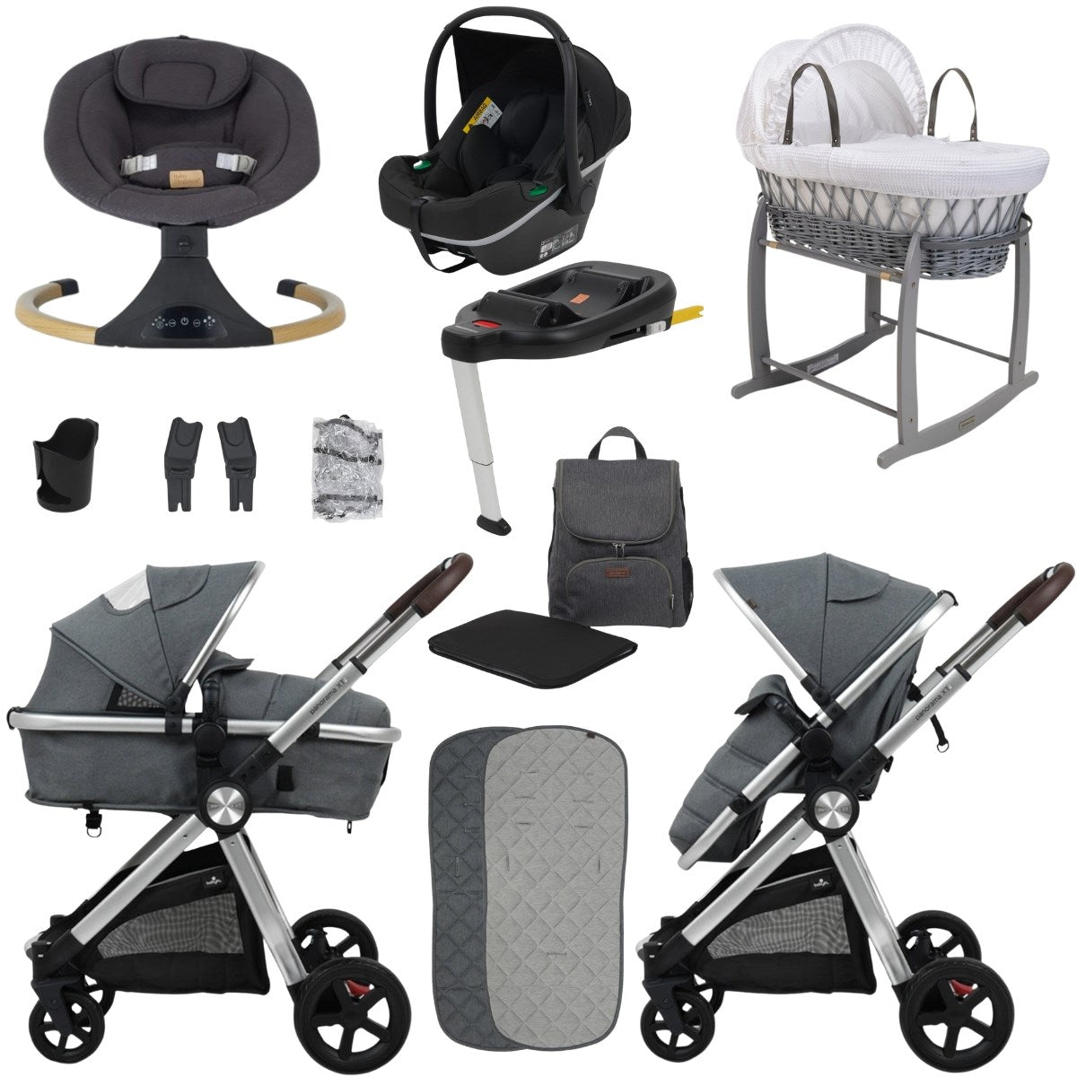 BabyLo Panorama XTi Premium Travel System & Starter Nursery Bundle including Isofix Base 3, Grey on Silver Chassis