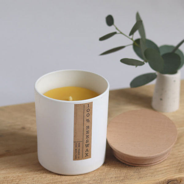 Five Bees Yard Beeswax White Container Candle with Wooden Lid - Scented