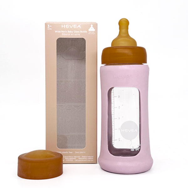 Hevea Wide Neck Glass Baby Bottle 250ml - Powder Pink Sleeve