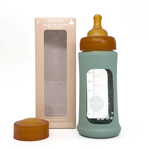 Hevea Wide Neck Glass Baby Bottle 250ml - Seafoam Blue Sleeve