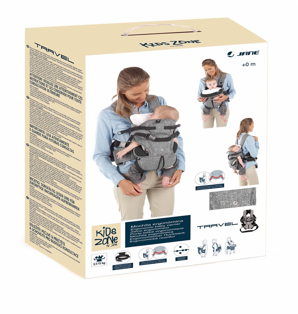 Jané Travel Ergonomic Baby Carrier – 3 Position, Breathable with Lumbar Support (Birth to 15kg)