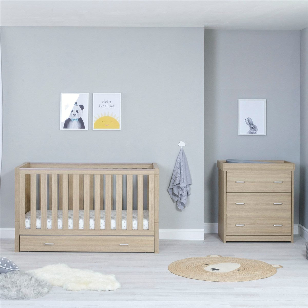 Babymore Luno 2 Piece Nursery Furniture Set with Drawer - Cot Bed with Drawer & Chest Changer