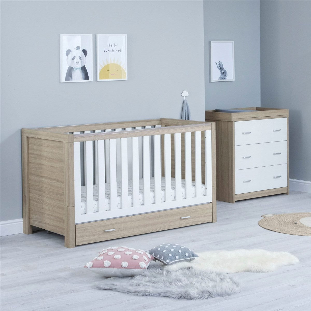 Babymore Luno 2 Piece Nursery Furniture Set with Drawer - Cot Bed with Drawer & Chest Changer