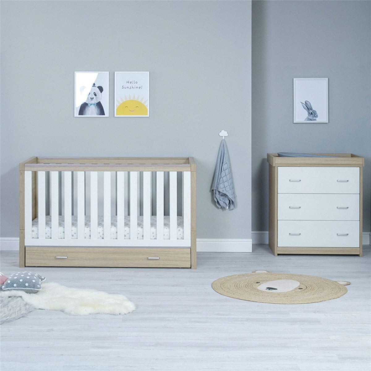 Babymore Luno 2 Piece Nursery Furniture Set with Drawer - Cot Bed with Drawer & Chest Changer