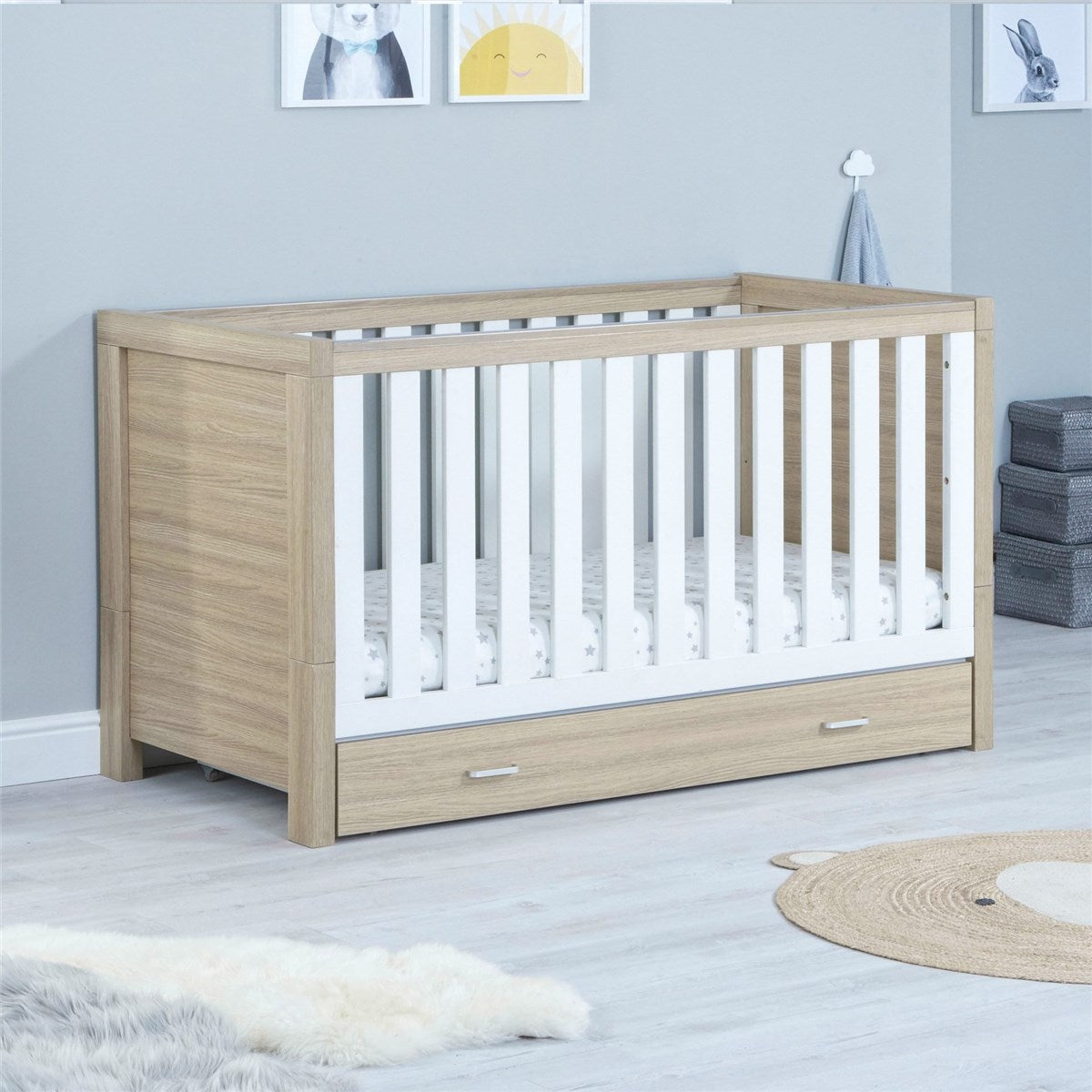 Babymore Luno 2 Piece Nursery Furniture Set with Drawer - Cot Bed with Drawer & Chest Changer