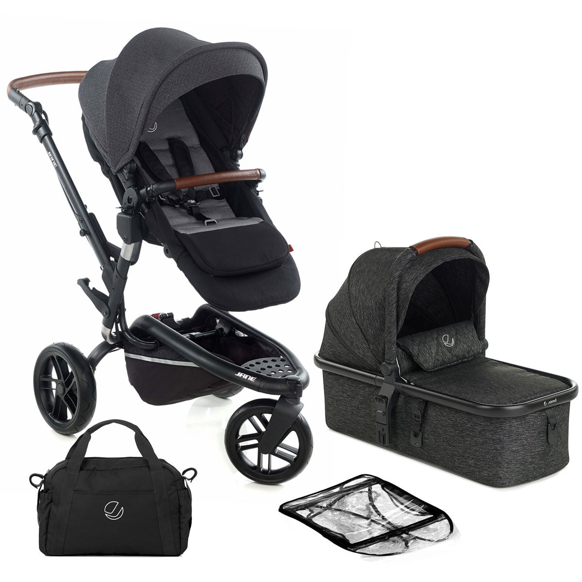 Jane Trider + Micro Pro Carrycot 3in1 Pram, Cold Black