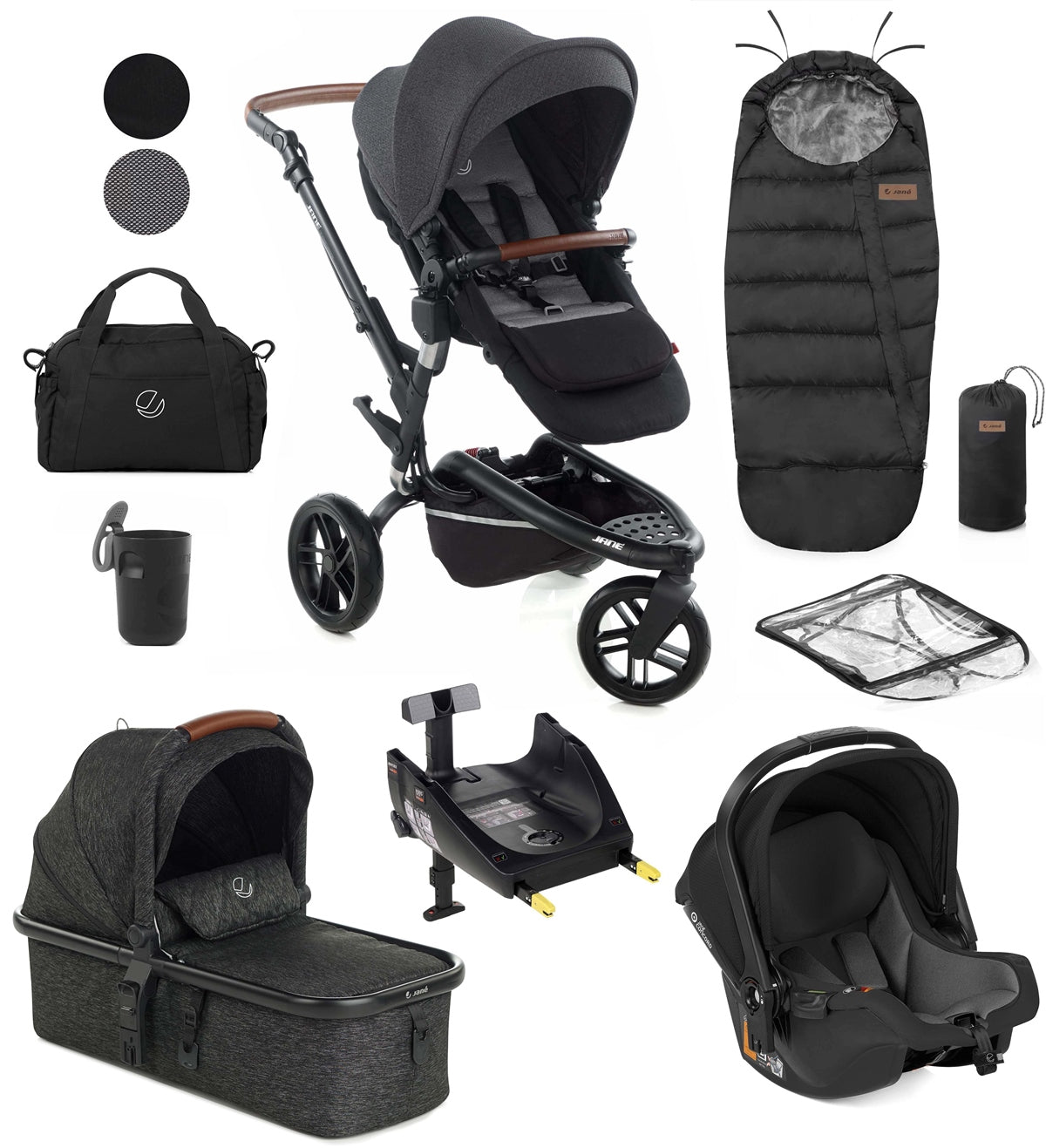 Jane Trider + Micro Pro + Koos iSize R1 - 10 Piece Travel System Bundle, Cold Black