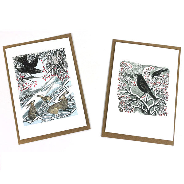 Angela Harding Notecards - Hares in Conversation & Blackbird & Berries