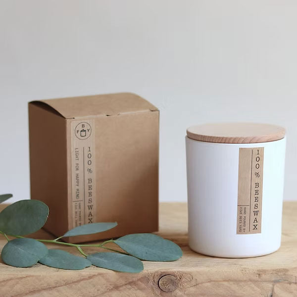 Five Bees Yard Beeswax White Container Candle with Wooden Lid - Scented