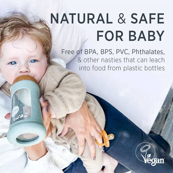 Hevea Wide Neck Glass Baby Bottle 250ml - Seafoam Blue Sleeve
