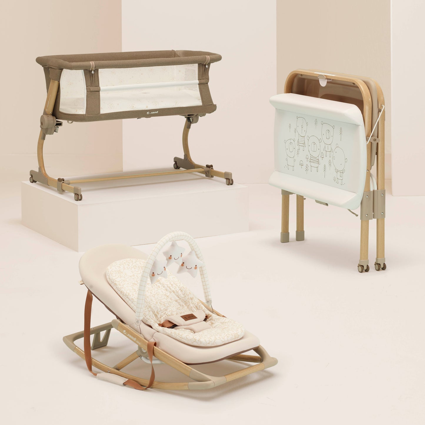 Jane Baby Side Crib + 4 Piece Bedding Set & Safety Mattress, Nature Edition