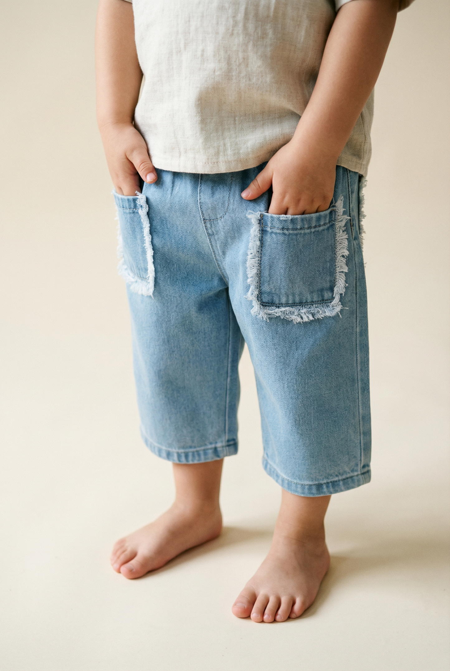 Lightweight Washed Denim Trousers with Frayed Pocket Detail
