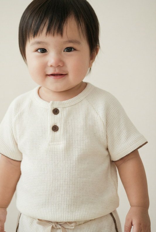 Cream Waffle Ruffle Edge Top & Shorts Set