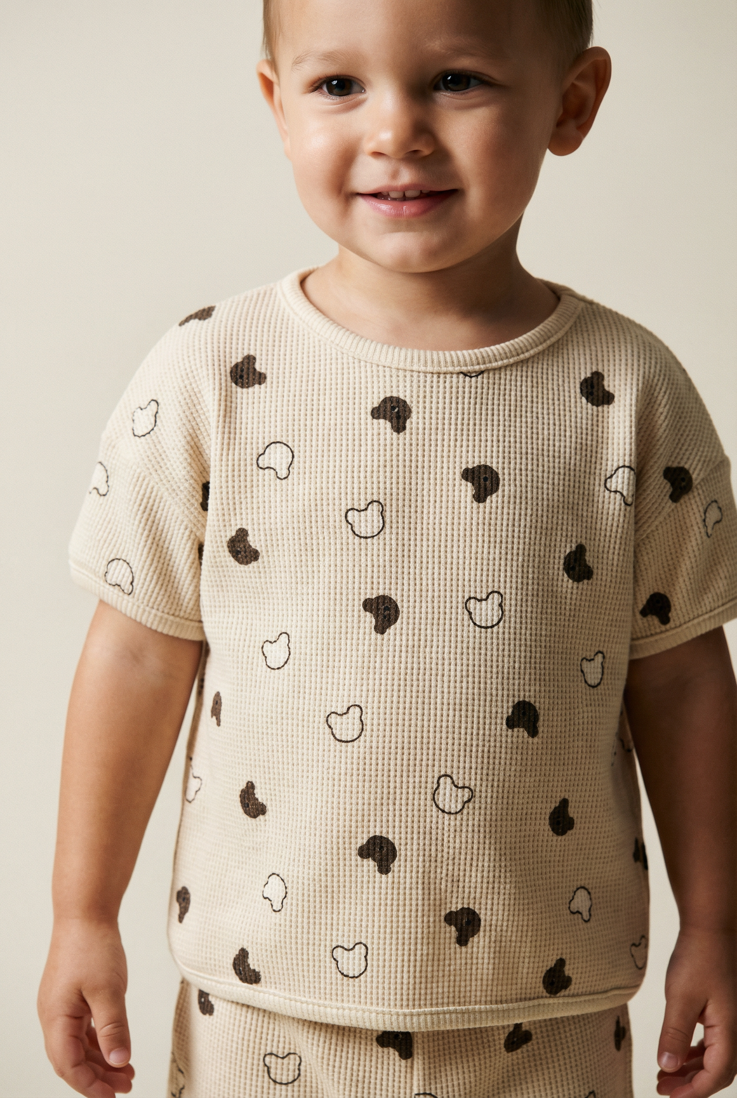 Beige Waffle Teddy Print Top & Shorts Set
