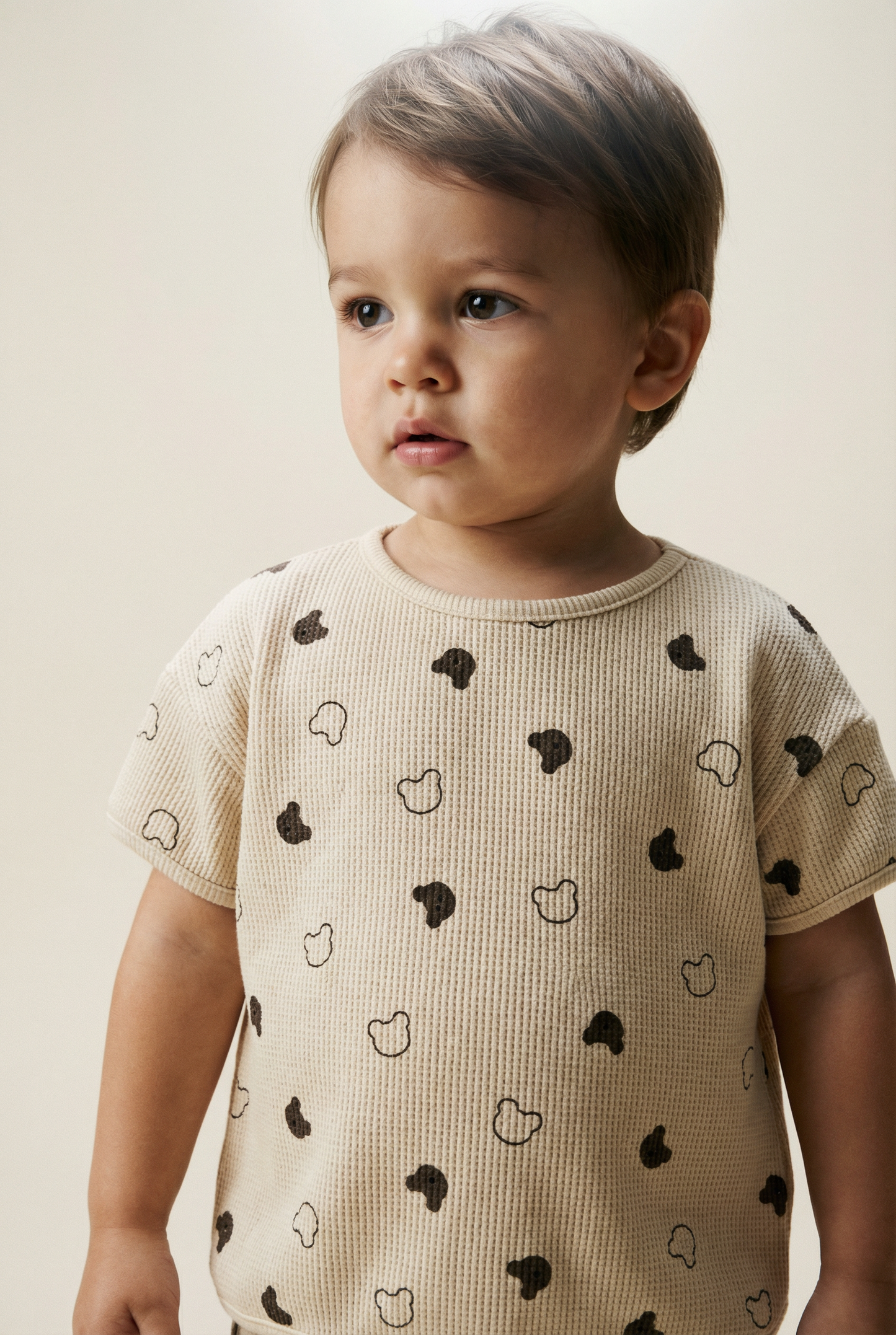 Beige Waffle Teddy Print Top & Shorts Set