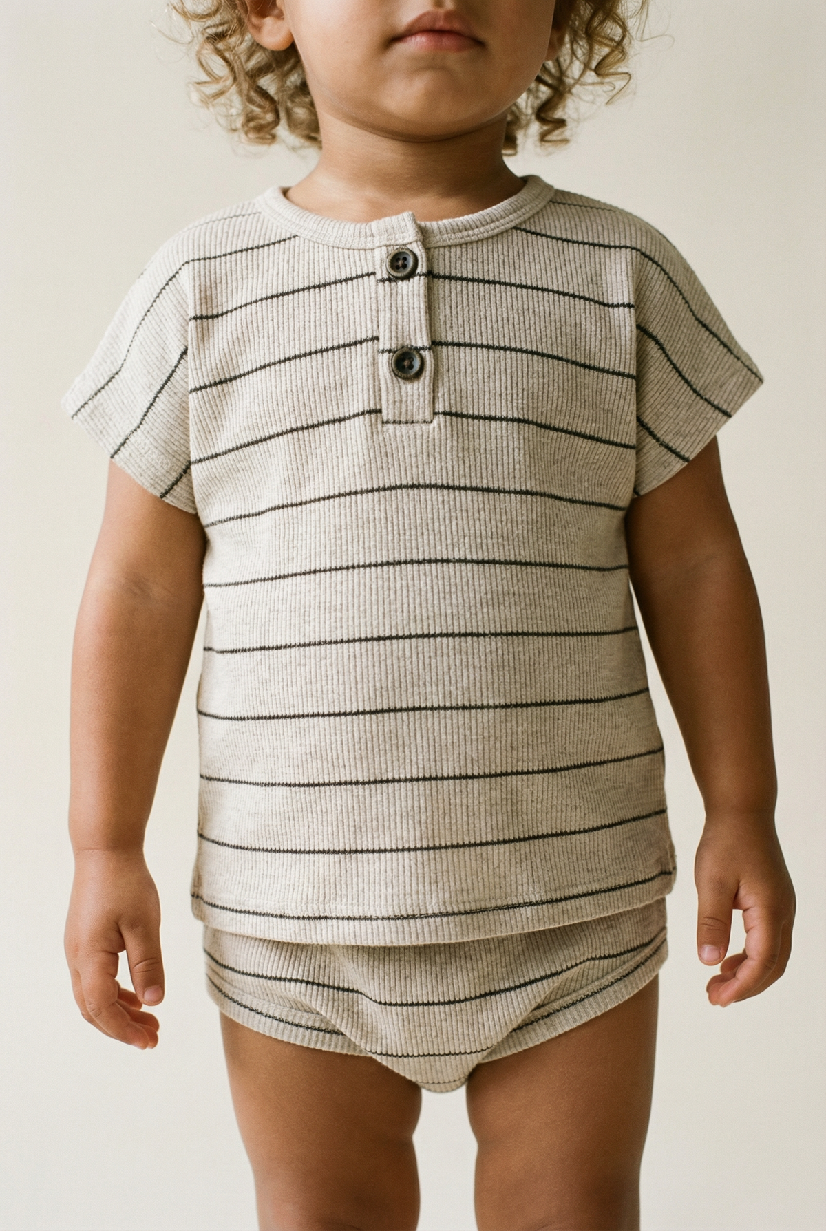 Beige Stripe Short Sleeve Top & Bloomer Set