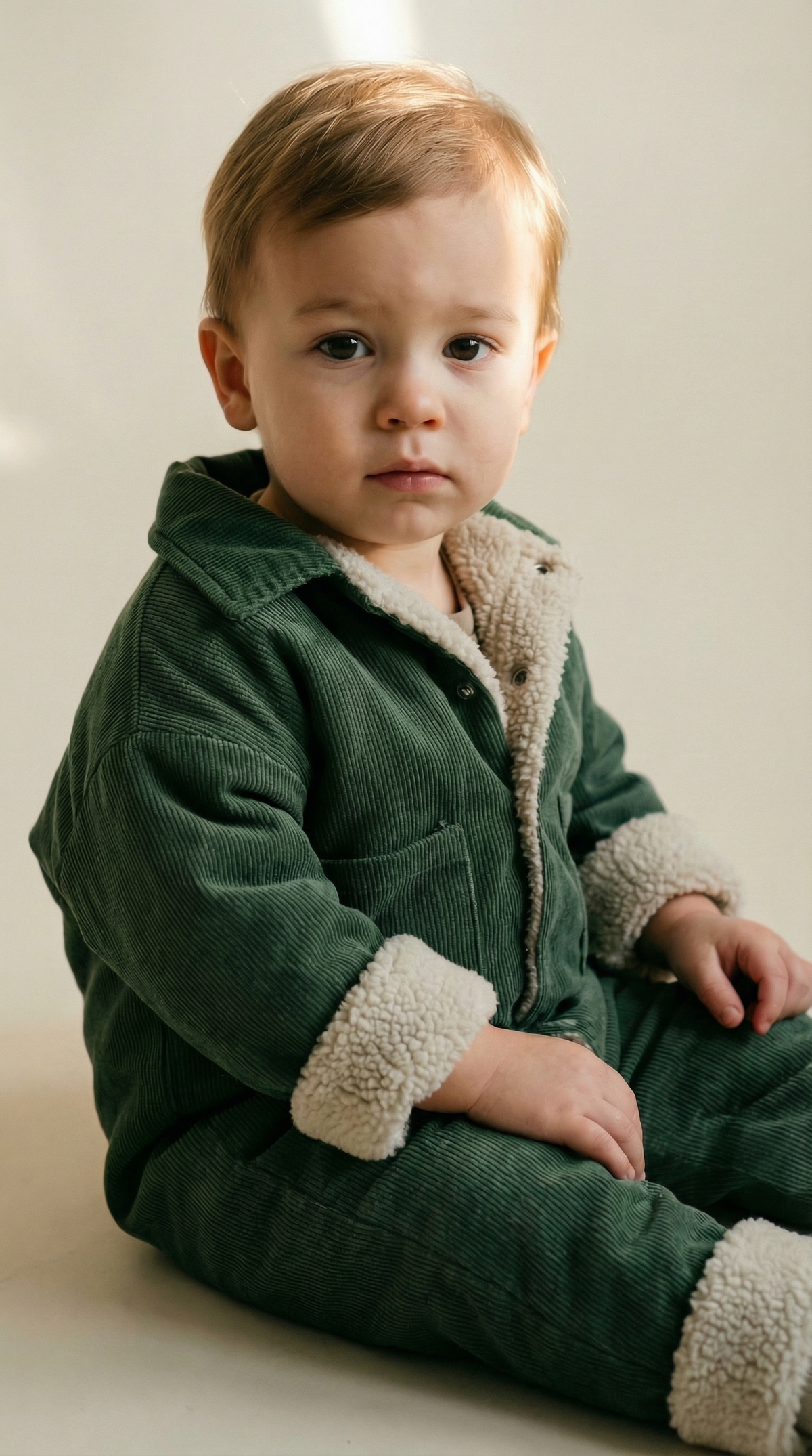 Corduroy Lined Winter Romper – Beige / Green