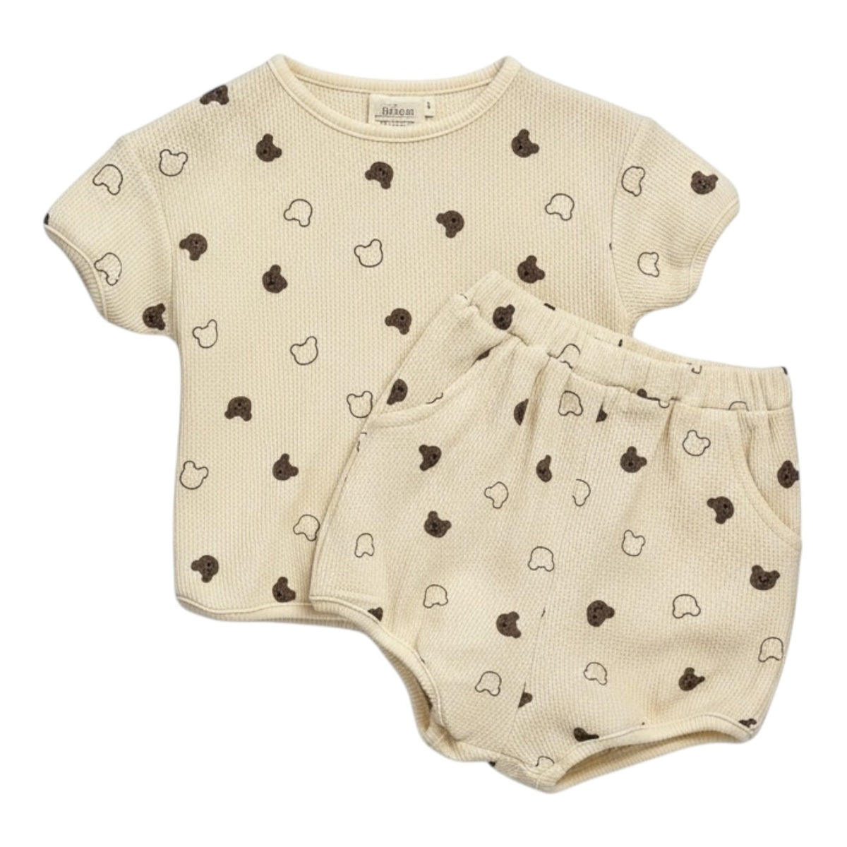Beige Waffle Teddy Print Top & Shorts Set