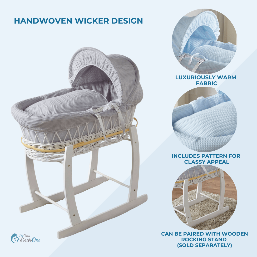 White Waffle White Wicker Baby Moses Basket With Stand