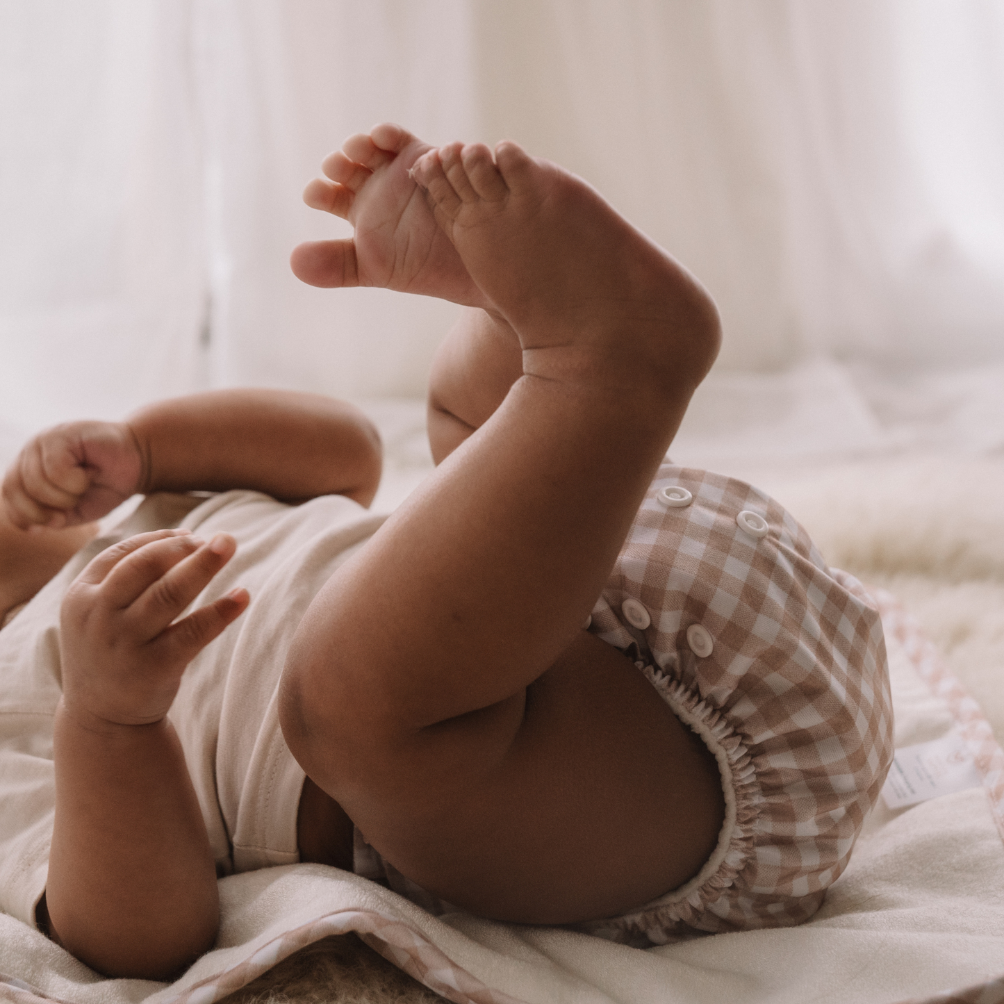 One Size All-In-One Reusable Cloth Nappy - Gingham Taupe