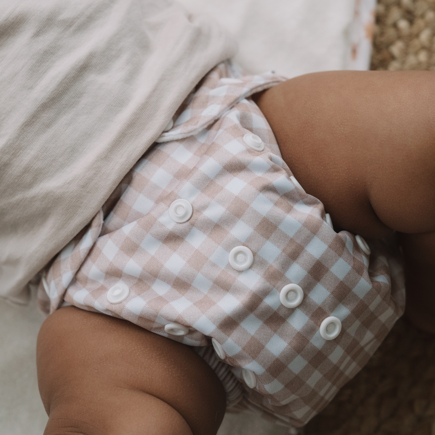 One Size All-In-One Reusable Cloth Nappy - Gingham Taupe
