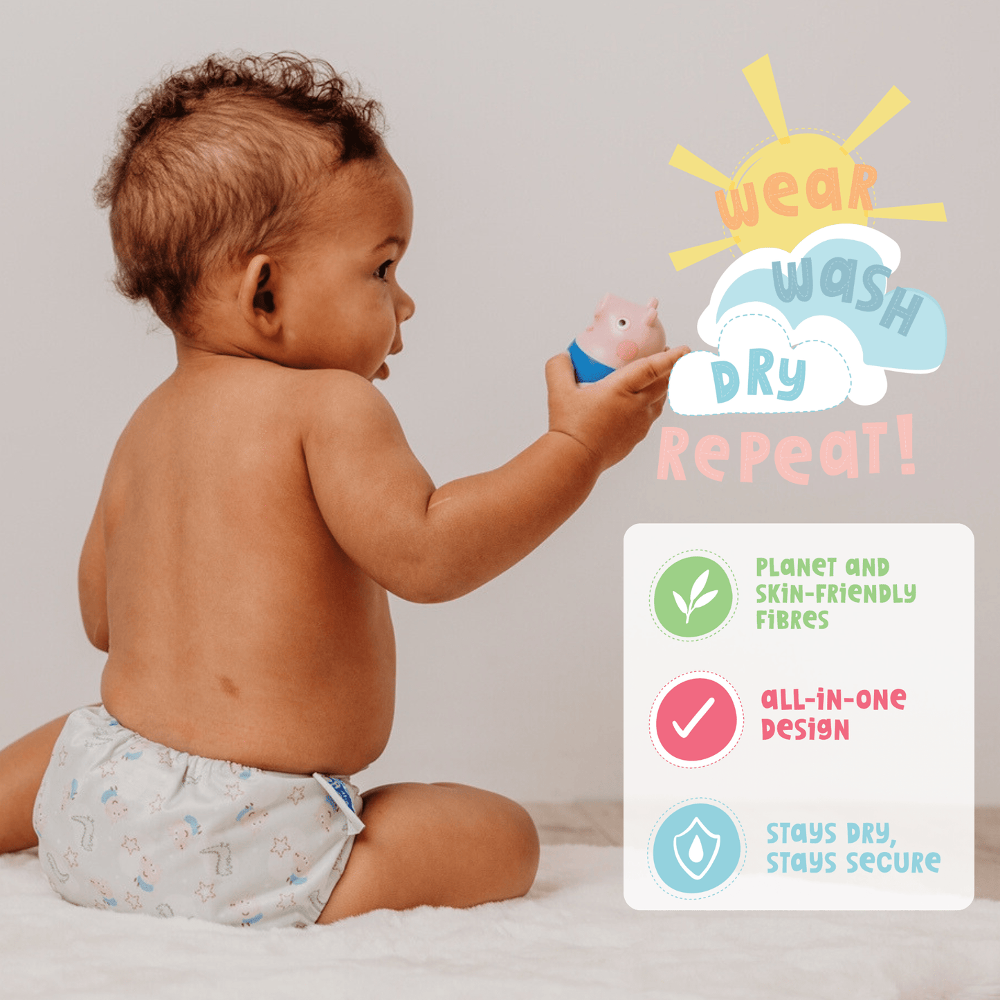 Peppa Pig One Size All-In-One Reusable Cloth Nappy - Moons & Stars