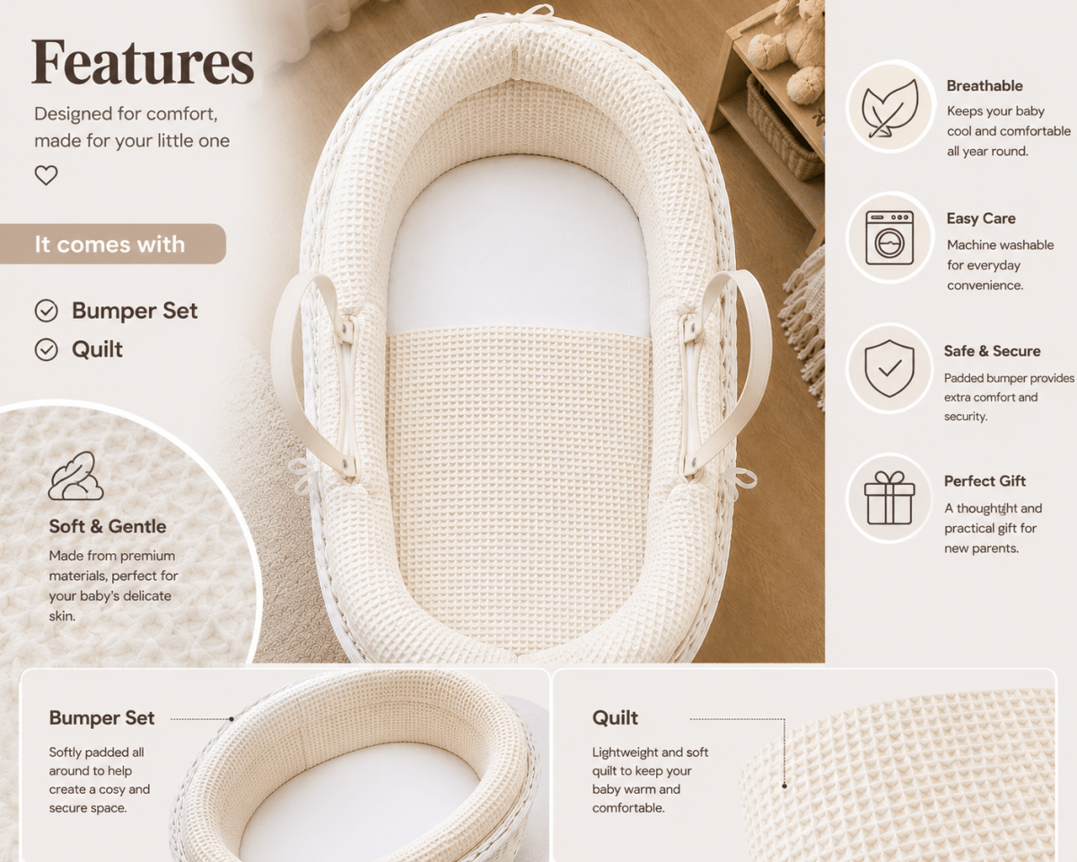 Pod White Dimple Moses Basket Bedding Set (Basket Not Included!)