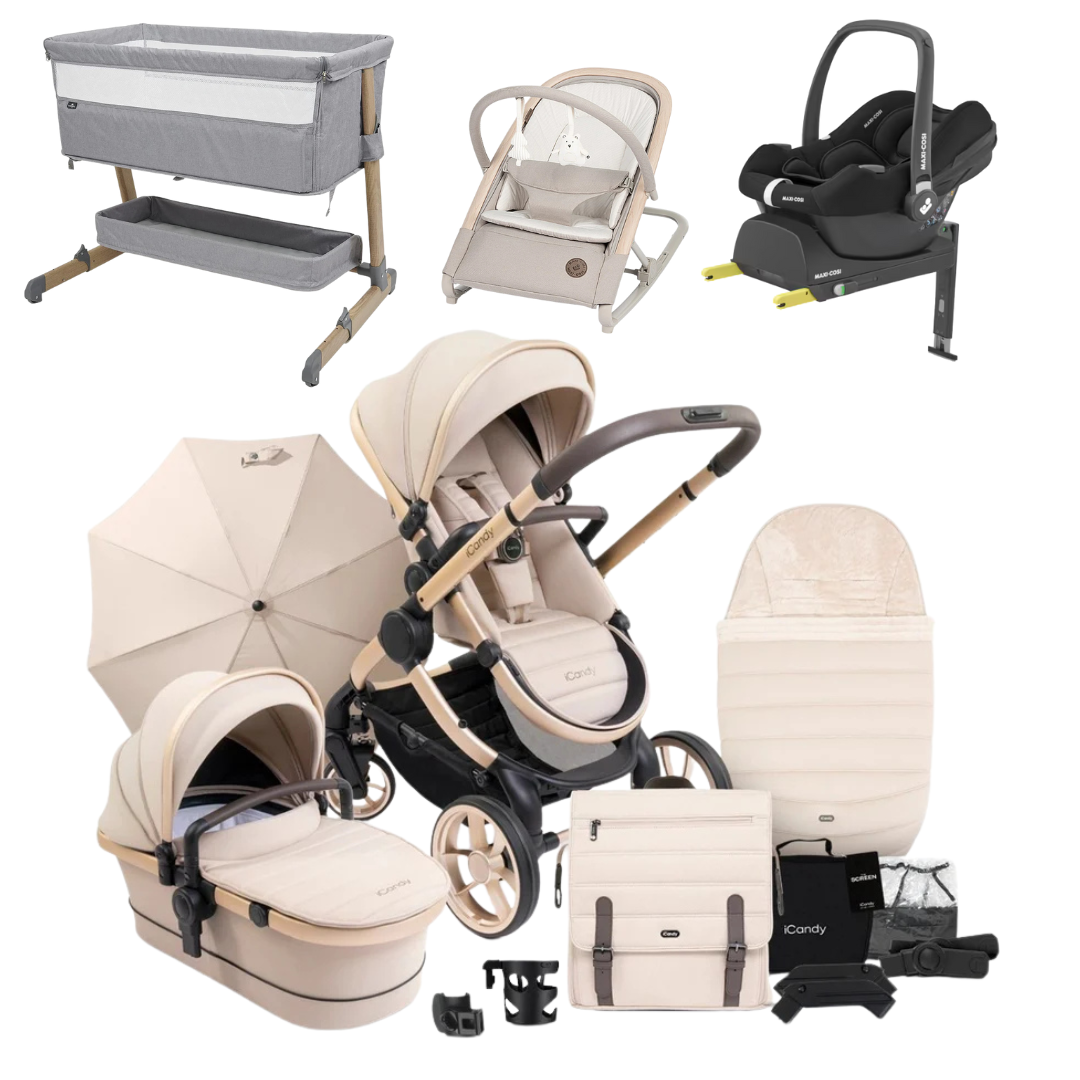 iCandy Peach 7 Premium Bundle With Maxi-Cosi Car Seat And Bouncer And Bedside Crib