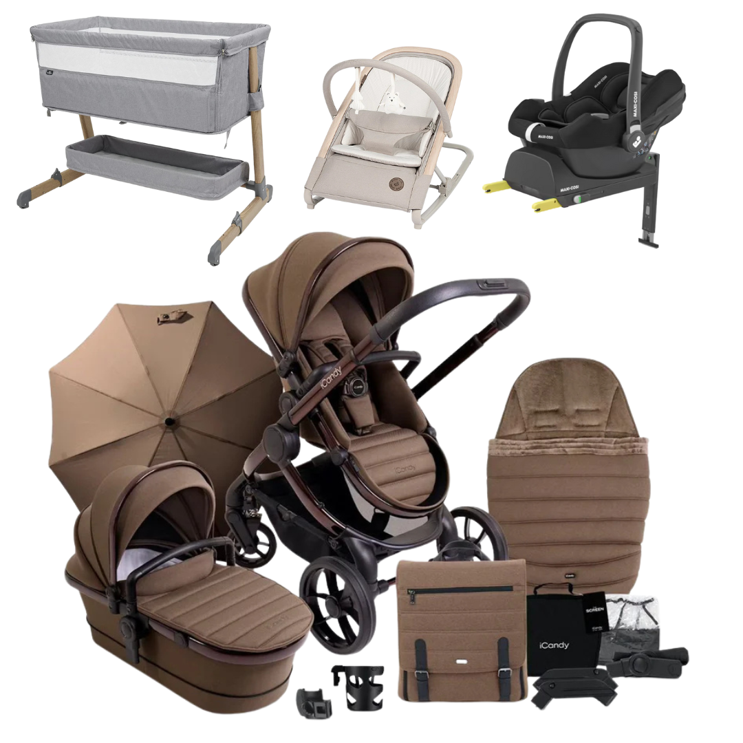 iCandy Peach 7 Premium Bundle With Maxi-Cosi Car Seat And Bouncer And Bedside Crib