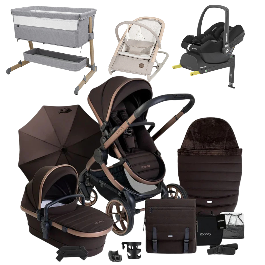 iCandy Peach 7 Premium Bundle With Maxi-Cosi Car Seat And Bouncer And Bedside Crib