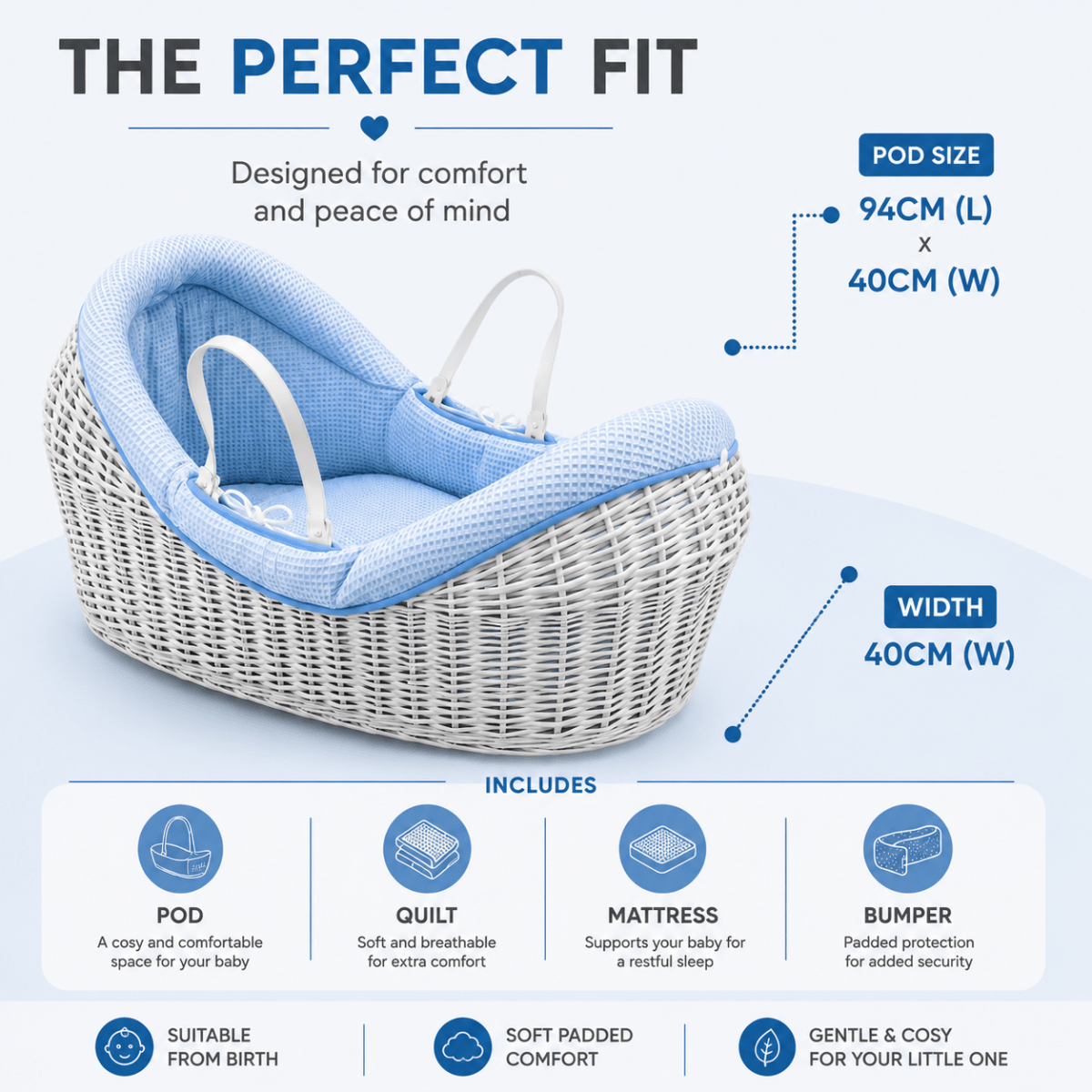 Wicker Deluxe Pod Baby Moses Basket With Stand